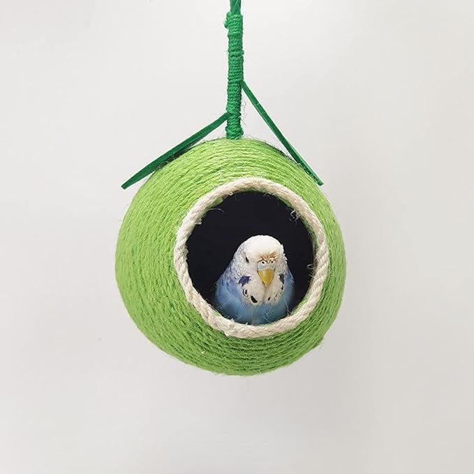 Nest for Birds Bird Nest House Natural Coconut Shell Simulation Birdhouse Grass Bird Hut Parakeet Nesting Box (Green)