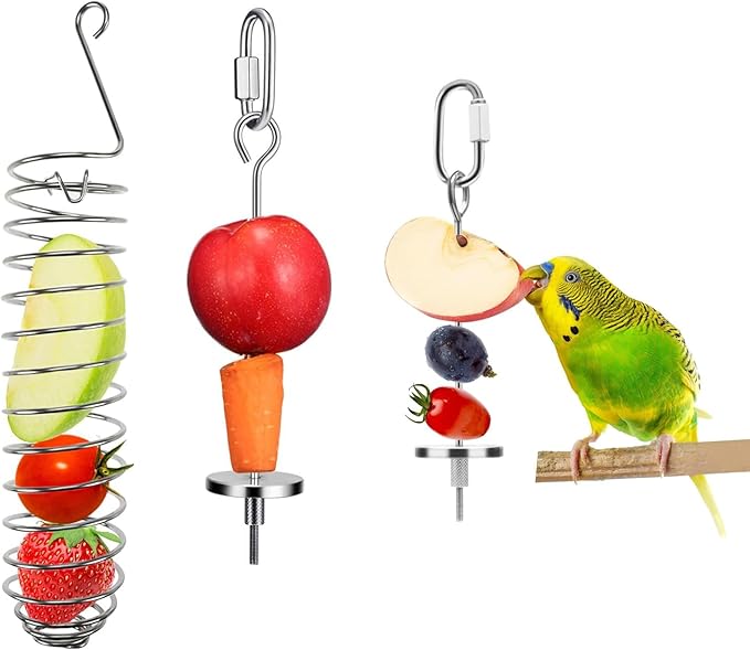 3in1 Bird Skewer Bird Food Holder Stainless Steel Parrot Hanging Vegetable Fruit Feeder Bird Treat Skewer, 2X Fruit Fork +1 Food Basket, Parrot Foraging Toy for Parrots Cockatoo Cockatiel Cage