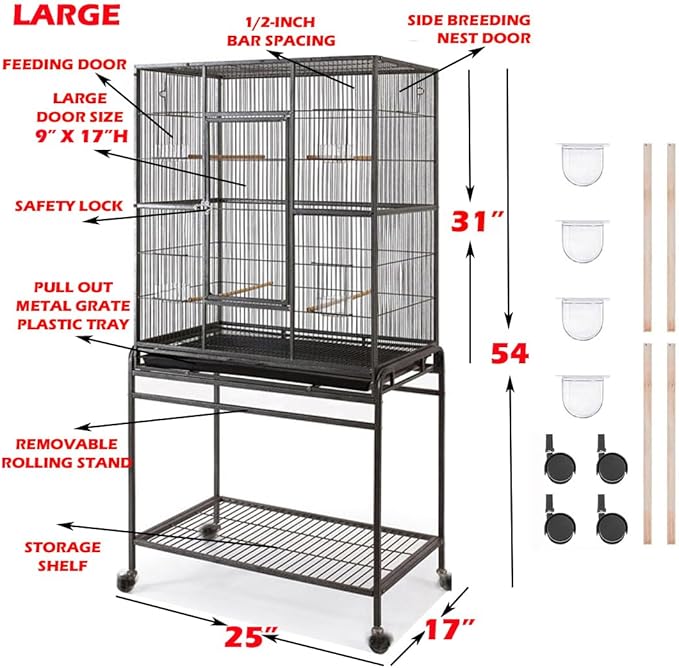54" Large Sturdy Wrought Iron Breeding Flight Canary Parakeet Cockatiel Lovebird Finch Cage Side Nesting Box Doors with Removable Rolling Stand Storage Shelf