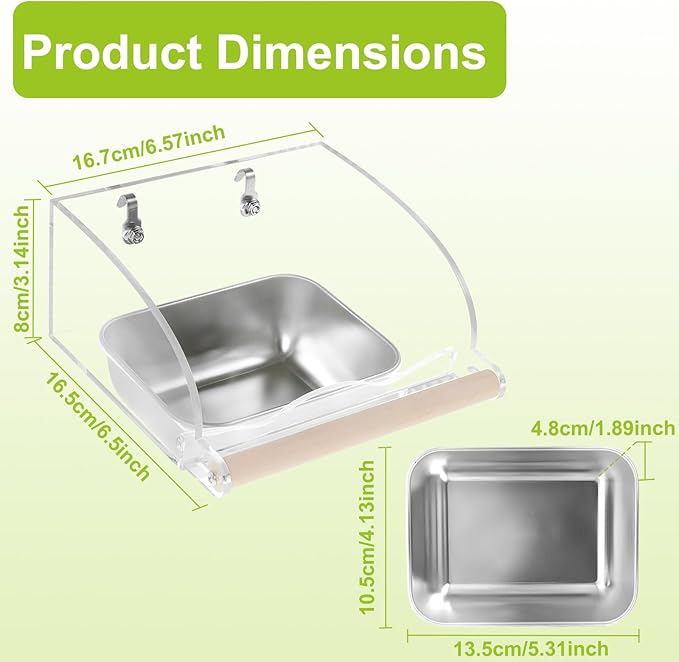 Bird Feeder for Cage,Transparent Parrot Feeder with Nonslip Wood Perch, Stainless Steel Birds Food Bowl Water Bowl, Bird Cage Seed Catcher for Small Medium Parakeet Cockatoos Lovebirds Budgies Conures