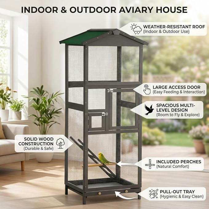 Indoor and Outdoor Aviary House, Wooden birdcages Bird Cage with Pull Out Tray and Wooden Bird cage Two Doors, Spacious Multi-Level Design for Small Birds Like Parakeets, Canaries