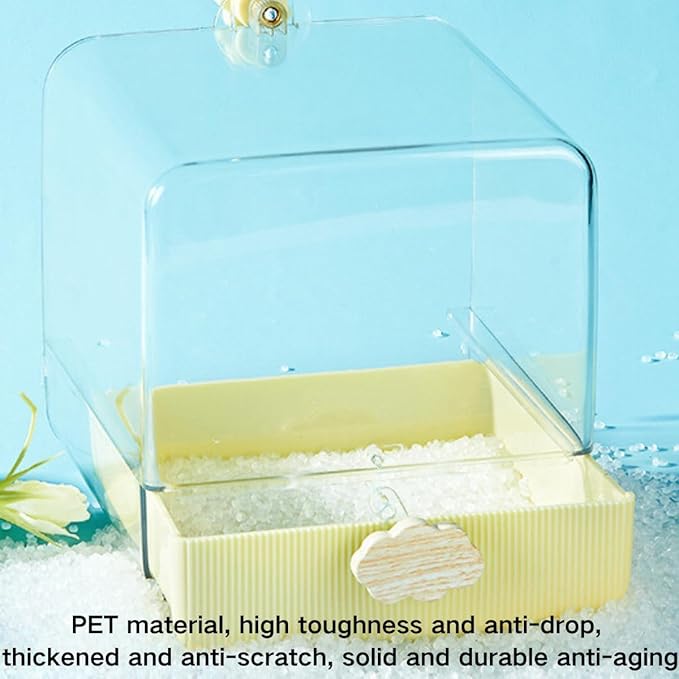 Bird Bath for Cage, Cleaning Pet Supplies Cockatiel Bird Clear Spacious Bathtub with Bottom Drawer for Parrots Parakeets, Conures, Quakers, Portable Shower for Most Birdcage (Yellow)