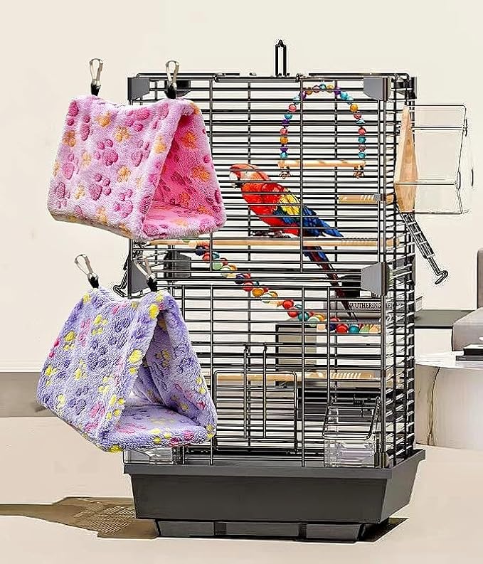 2 Pack Bird Nest Plush Snuggle Bird Hammock Hanging Bird Cave Parrot Sleeping Bed Shed Hut Hanging Tent for Budgies Finch Parakeet Cockatiel Cockatoo Lovebird-Foot Pattern (Pink&Purple)