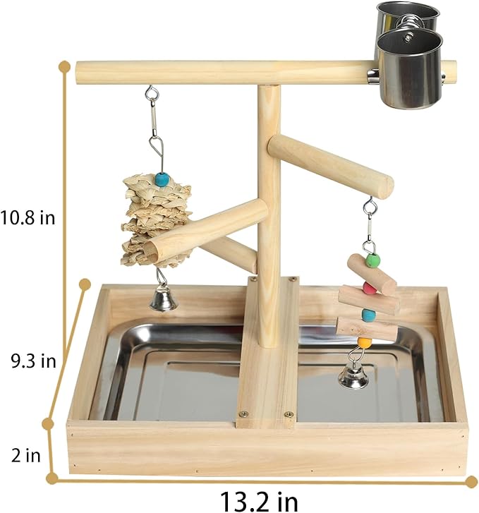 Bird Playground, Natural Wood Bird Play Stand with Stand Perch, Two Toys, Two Food Cups, and Removable Tray, Suitable for Lovebirds, Cockatiels, Budgies, Parakeets, and Other Small Birds