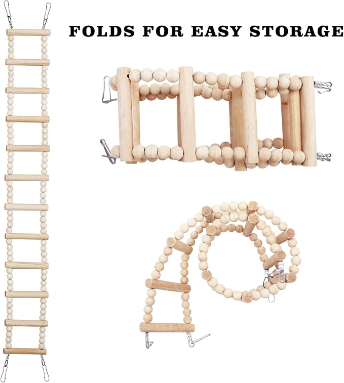 Long Bird Ladder with Wooden Rungs and Beads, Parakeet Climbing Swing Toys, Bird Cage Accessories, Wooden Climbing Bridge Toys for Parrots, Rat, Sugar Gliders, Squirrels, Snakes