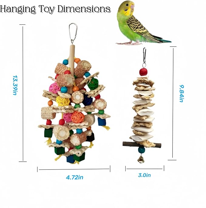 Bird Parrot Toys for Cage, 2 Pack Chew Toys with Corn Cob, Cuttlebone & Colorful Blocks for Small to Medium Parrots Like Parakeets, Conures, Cockatiels (Colorful Toy + Cuttlefish Bone)