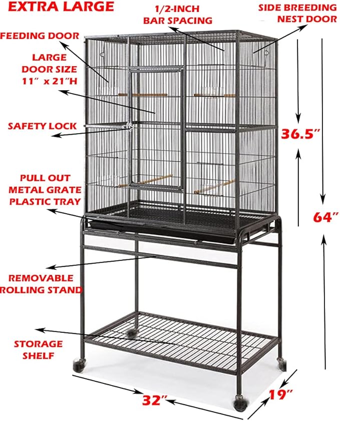 Extra Large 64" Deluxe Breeding Breeder Rolling Flight Cage Tight 1/2-inch Bar Spacing Side Nesting Door for Canary Parakeet Cockatiel Lovebird Finch with Removable Rolling Stand