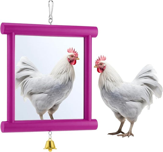 Sadnyy Extra Large Chicken Mirror Toys Hanging Swing Double Side Mirror with Bell Wooden Pecking Toy for Hens Birds Parrots Coop Roosters Enrichment Toy for Poultry(Square, Rose Red, 1pcs)