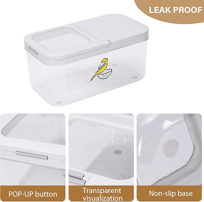 Bird Seed Storage Container, 5.4 Qt/6 L Pet Food Container with Measuring Cup & Stainless Steel Bird Feeder Bowl, Airtight Wild Birds Seed Dispenser, Plastic BPA Free, Clear
