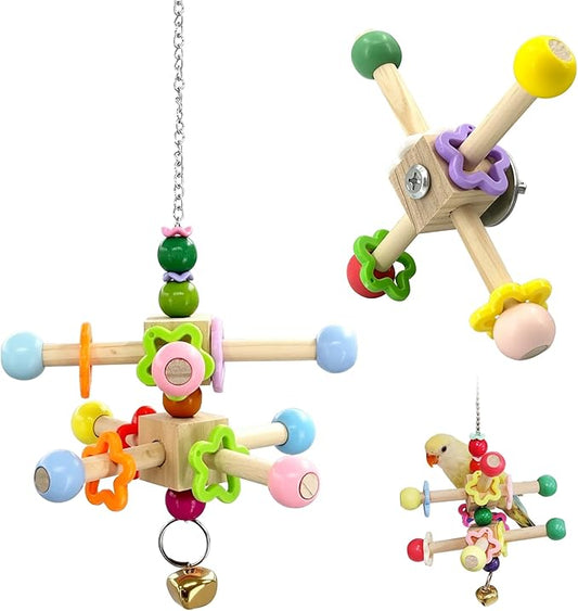 2 Pcs Parakeet Toys, Natural Wood Spinner with Bells, Hanging Cage Accessories for Small Moderate Birds to Relieve Boredom and Anxiety