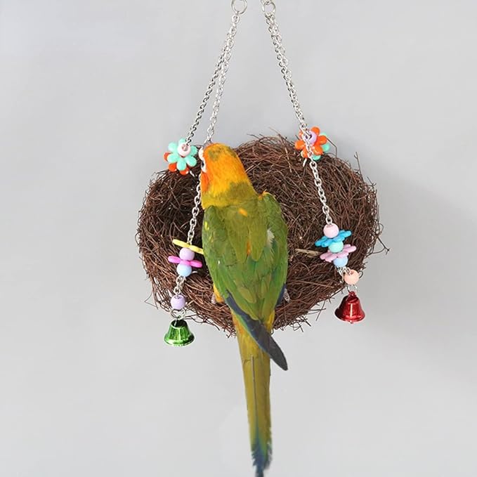 Natural Rattan Nest Small Medium Large Bird Swing with Bells for Parrot Parakeet Cockatiel Conure Cockatoo Macaw Amazon African Grey Lovebird Finch Canary Budgie Cage Perch Toy (Large)