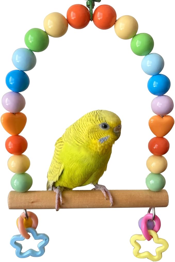 Bird Swing for Small Birds, Parakeets Cage Wooden Perch Birdcage Stands, Parrot Colorful Acrylic Beads Swings Toy with Bell Playground Gym Accessories Training Toys for Lovebirds Budgies