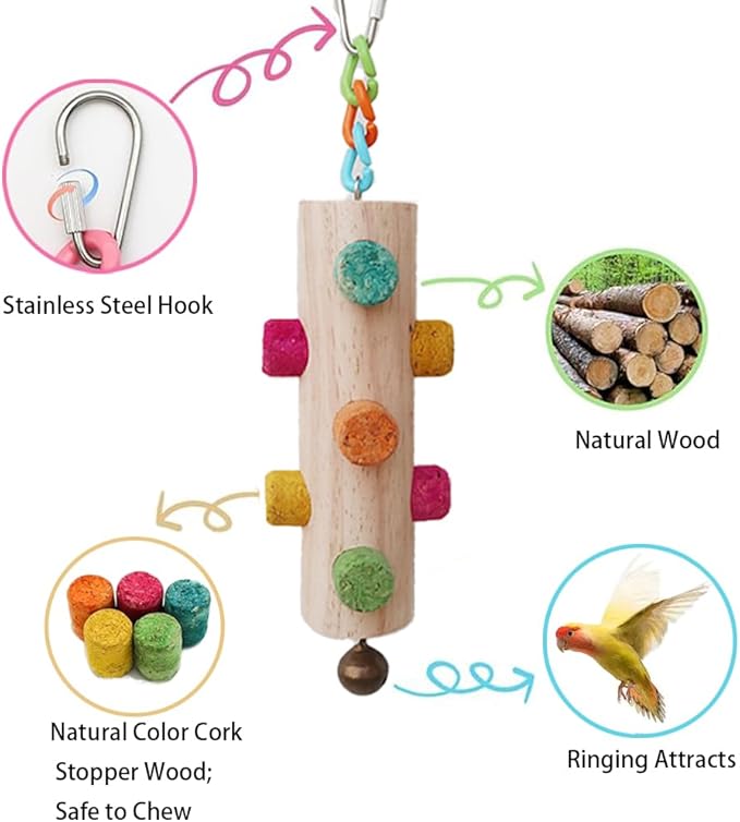 Wood Parrot Chew Toys,2 pcs Bird Cork Toys for Small Medium Birds Parrot,Woodpecker Feeding Toy for Parakeets, Conures, Budgies, Finches Conure Cockatiel, Cockatoos etc