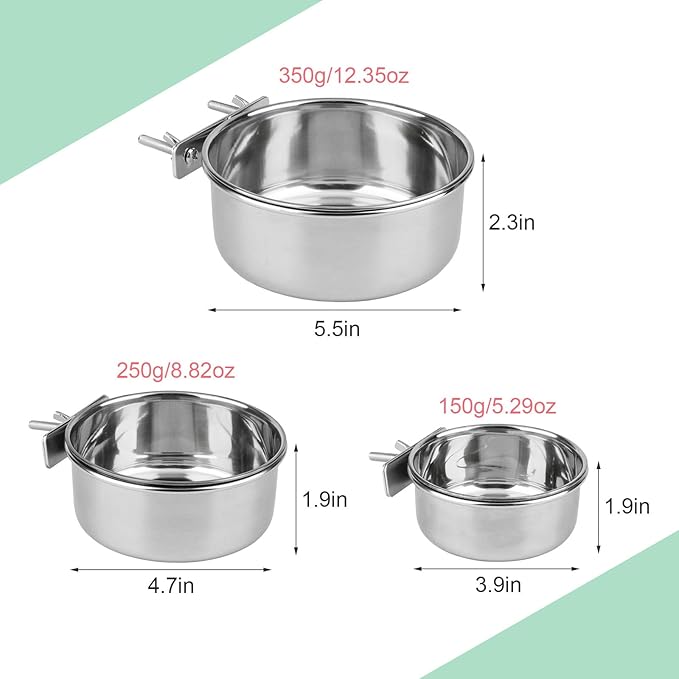 Hypeety Stainless Steel Food Water Bowl for Pet Bird Crates Cages Coop Dog Cat Parrot Bird Rabbit Pet 2PCS (Medium,4.7 * 2.1in)