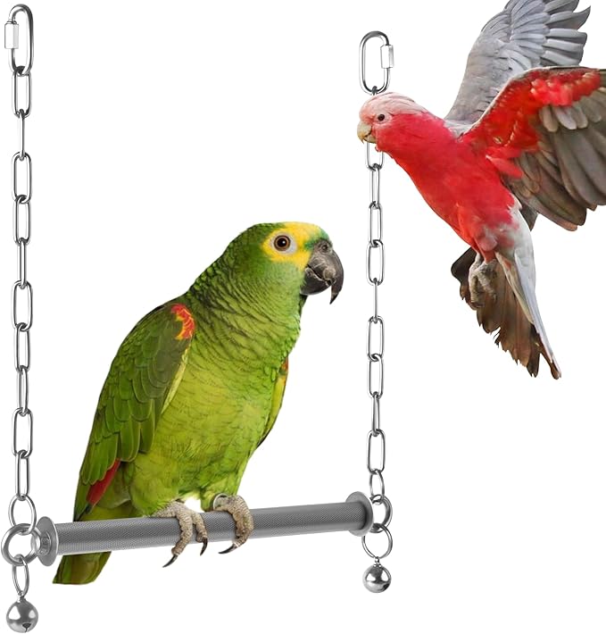 DBNESS Stainless Steel Large Bird Swing, Hanging Heavy Duty Parrot Swings Perches Stand Toys with Bell, Claw Grinding Birdcage Accessories for Macaw Afican Grey Amazon Cockatoo