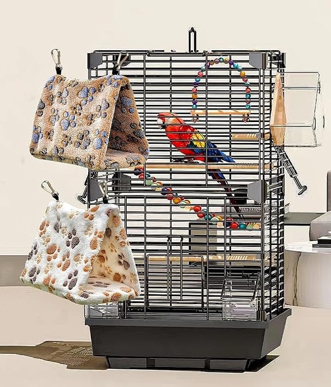2 Pack Bird Nest Plush Snuggle Bird Hammock Hanging Bird Cave Parrot Sleeping Bed Shed Hut Hanging Tent for Budgies Finch Parakeet Cockatiel Cockatoo Lovebird-Foot Pattern (Brown&White)