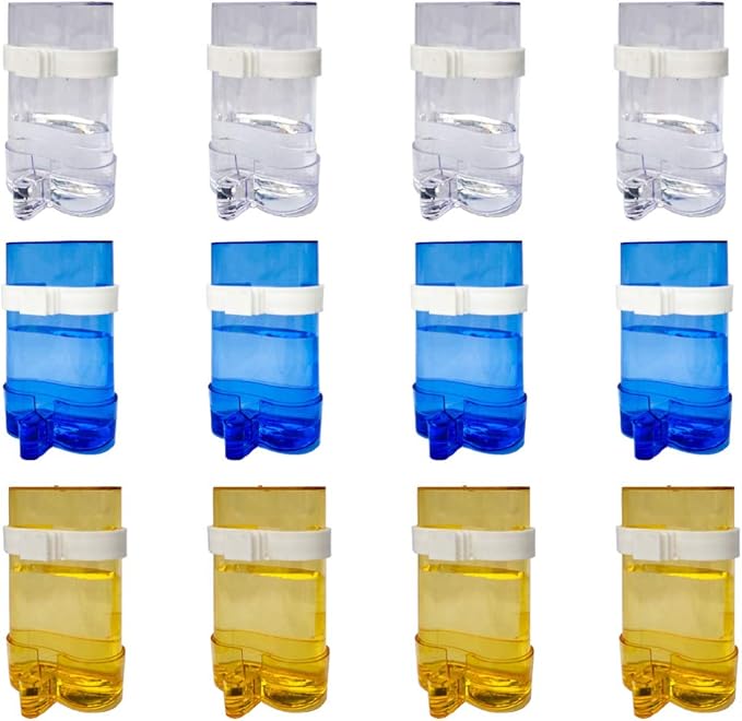 12Pcs Automatic Bird Feeder Plastic Parrot Fruit Vegetable Holder Bird Clear Food Water Container Perch Cage Accessories for Wild Birds Cockatiel Parakeet Blue Yellow