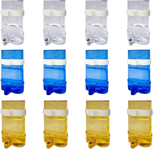 12Pcs Automatic Bird Feeder Plastic Parrot Fruit Vegetable Holder Bird Clear Food Water Container Perch Cage Accessories for Wild Birds Cockatiel Parakeet Blue Yellow