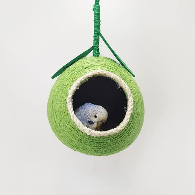 Nest for Birds Bird Nest House Natural Coconut Shell Simulation Birdhouse Grass Bird Hut Parakeet Nesting Box (Green)