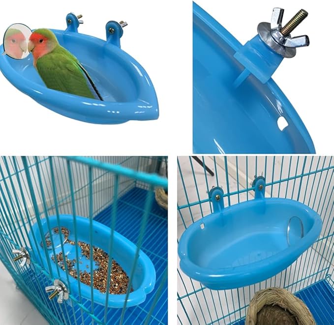 2PCS Bird Bath Tub Plastic Bird Bath Toy Bird Cage Accessories with Mirror for Pet Parrot Parakeet Cockatiel