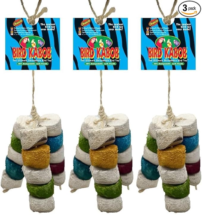 BIRD KABOB Chiquito - 3 Pack - an All-Natural, Holistic, Veterinarian Recommended, Earth Friendly, shreddable Bird Toy Fashioned in a tri-pod Design with Colored Yucca Chunks