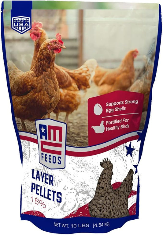 AMERICAN CLASSIC Feeds AMC 16% Layer Pellets - Made in USA Poultry Feed with Amino Acids, High Calcium - Balanced Nutrition for Vibrant Egg Yolks - Prebiotics, Probiotics - 10 Pound Bag