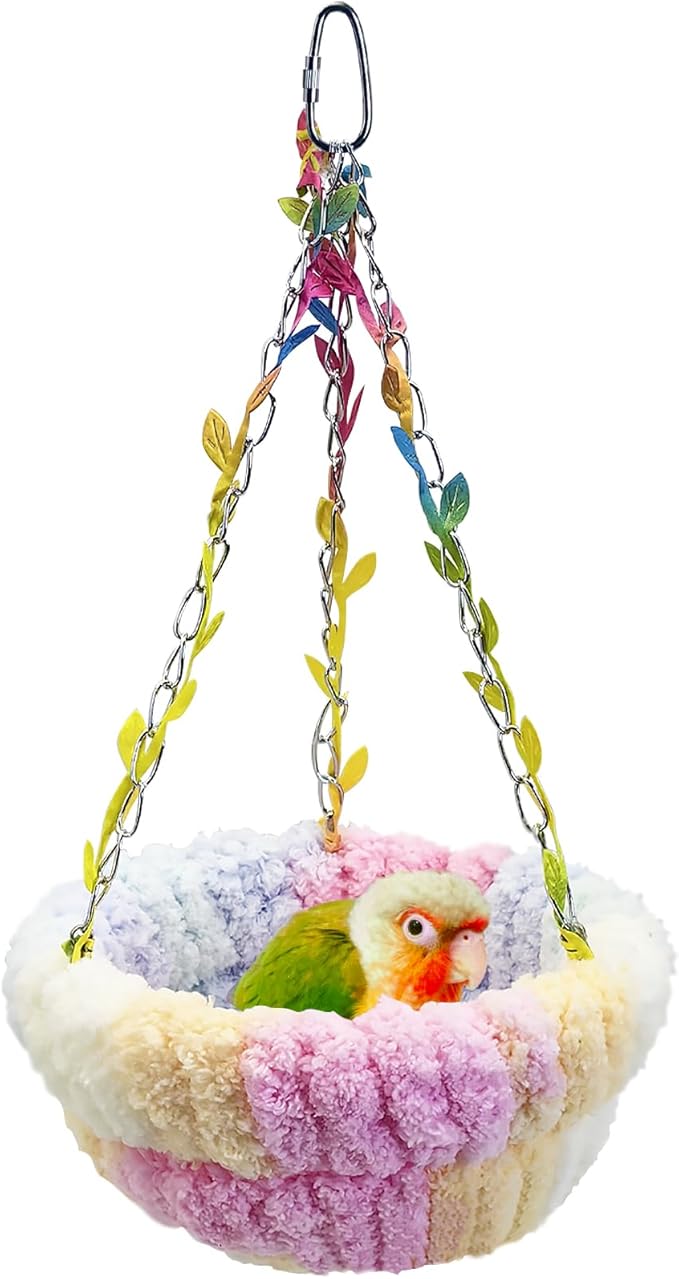 kathson Hanging Bird Bed, Hammock for Cage Winter Warm Bird Plush Nest Parrot Sleeping Bed for Budgie Lovebird Conure Quaker (Diameter 6.3 in, Pink)