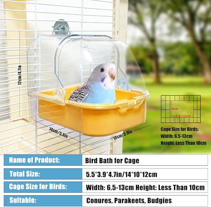 Bird Bath for Cage, Cleaning Pet Supplies Cockatiel Bird Bathtub with Hanging Hooks for Little Bird Parrots Spacious Parakeets Portable Shower for Most Birdcage (Beige)