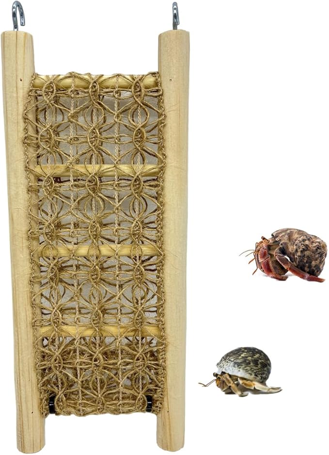 1 Pcs Hermit Crabs Climbing Wooden Ladder Bridge with Hooks, Small Animals Climbing Toy with Rope for Hermit Crabs Chameleon Lizards Reptile Bird Parrot