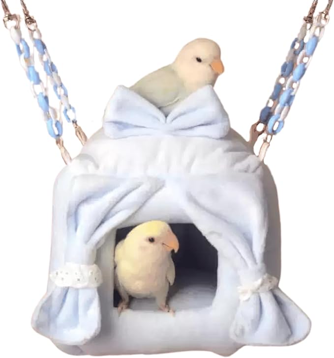 Warm Bird Nest with Hooks and Acrylic Chains Bird Cage Accessory Parrot Hammock Swing Small Animal Hanging Bed for Lovebird Conure Cockatiel (Blue,L)