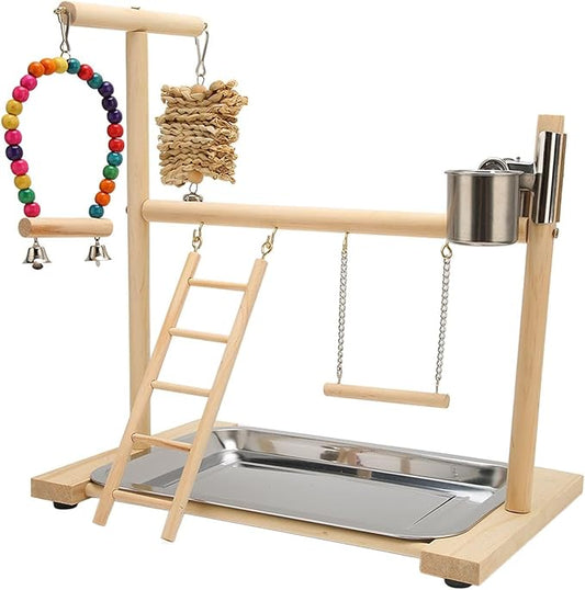 Bird Playground, Bird Play Stand Wood Gym Playpen Ladder Chewing Toys with Feeding Cups Exercise Activity Center