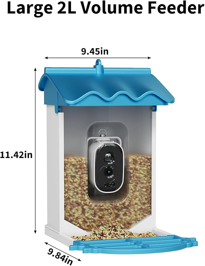 Garvee Smart Bird Feeder with 2K Camera & AI Recognition - Solar Powered, 2L Capacity, Night Vision, App Alerts, for Bird Watching, Squirrel Deterrent Function