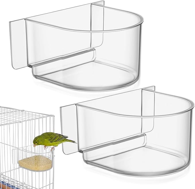 DOITOOL Bird Cage Feeder Cups, 2PCS Clear Plastic Seed Water Feeder Cups, Thickened Food Water Bowl for Pet Bird Parrot Parakeet Cages, Hanging Accessories