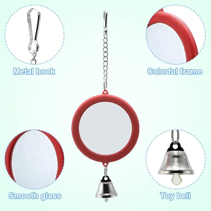 Litewoo 3-Piece Parrot Mirror Toys with Bell Pendant Toy for Bird Parakeet Cockatiel Budgie Conure（Round）