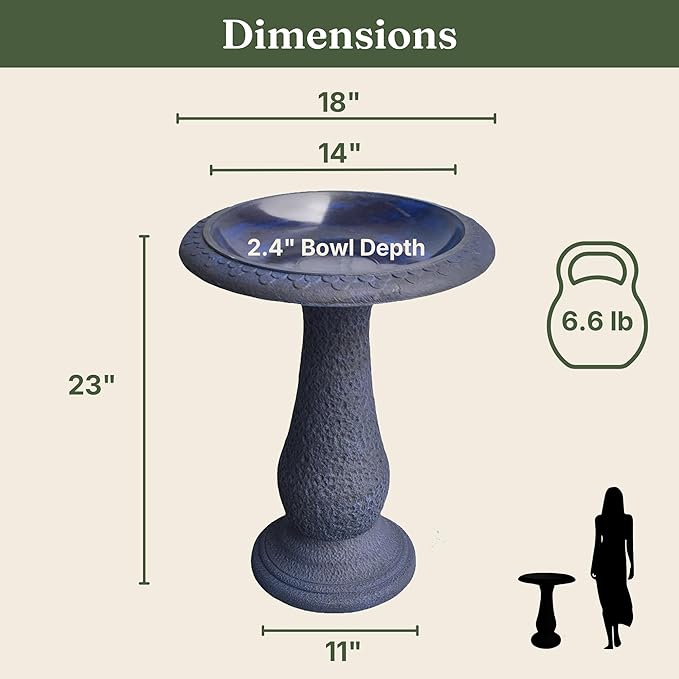 Pedestal Bird Bath Bowl 23 Inch Sea Blue - Stone-Resin Composite Bird Baths for Outdoors - Decorative Standing Outdoor Garden Decor for Front Porch Patio Yard Backyard Lawn Ornament