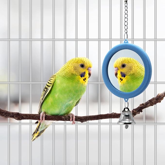 Litewoo 2-Piece Parrot Mirror Toy Hanging with Bells Pendant Bird Cage Accessories for Bird Parrot Budgie Parakeet Cockatiel Conure Lovebird Finch Canary Random Color （ 1pc Square +1pc Circle） …