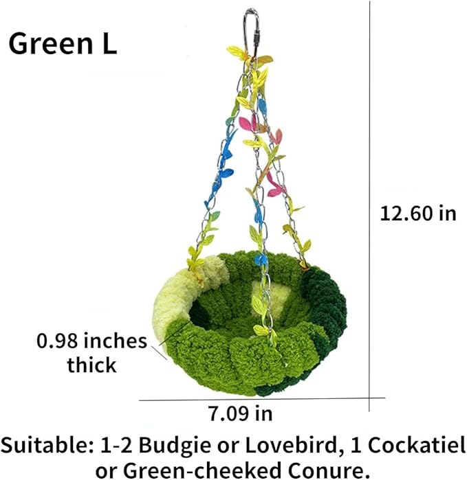Bird Hammock Winter Warm Parrot Nest Bed Plush Snuggle Pet Cave Hammock Toy Parrot Cage Accessories (Green,L)