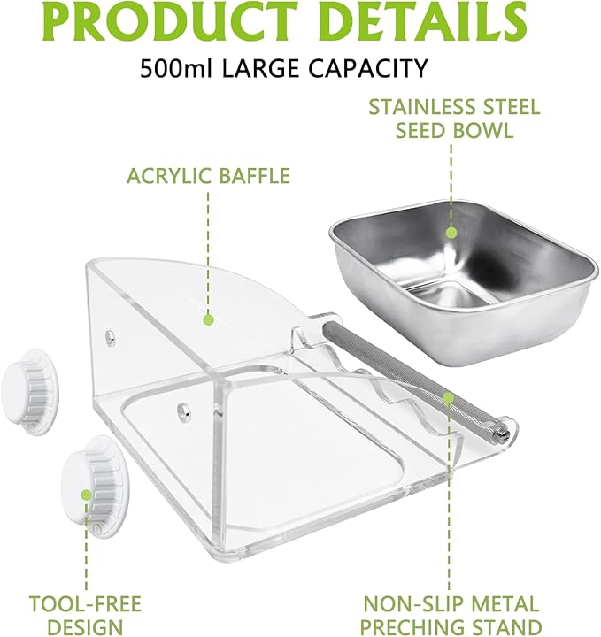 BNOSDM Bird Feeder for Cage with Stainless Steel Food & Water Bowl Acrylic Parakeet Seed Dishes with Anti-Slip Perch Stand for Parrot, Cockatiel, Lovebird, Canary, Finch,Conure,Cockatoo, Pigeon