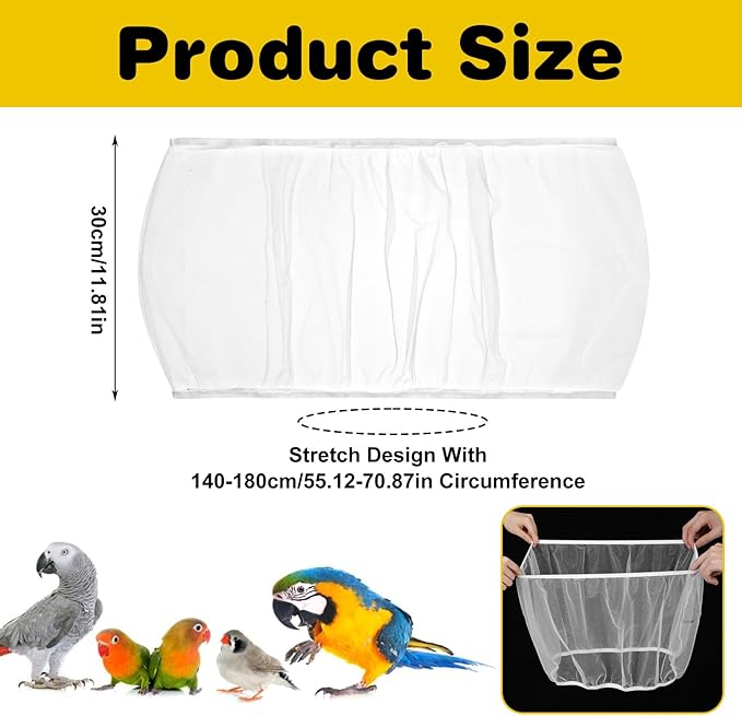 Grevosea 3 Pcs Bird Cage Seed Catcher, Large Bird Cage Cover Stretchy Adjustable Nylon Mesh Birds Cages Net Skirt for Parrot Parakeet Macaw African Round Square Cages Accessories (White)