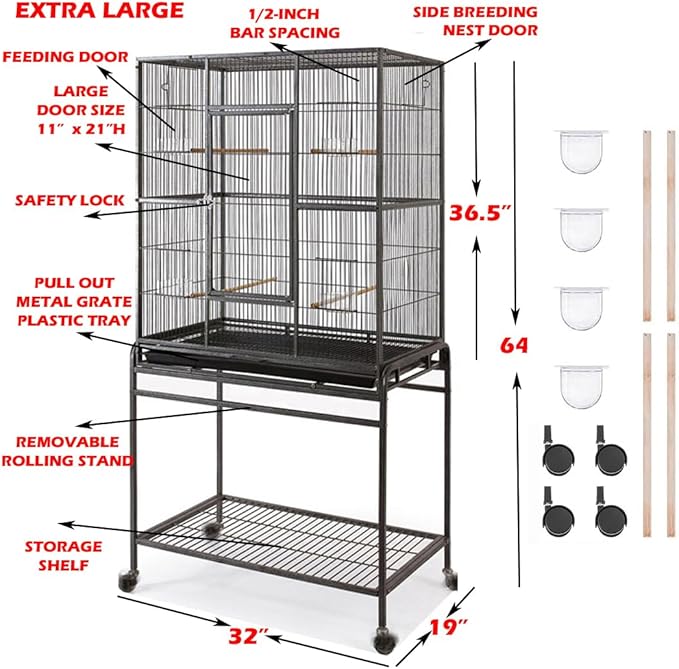 Pet Products 64" Extra Large Wrought Iron Breeding Bird Flight Home Cage Side Nesting Box Doors Tight 1/2-Inch Bar Spacing with Removable Rolling Stand