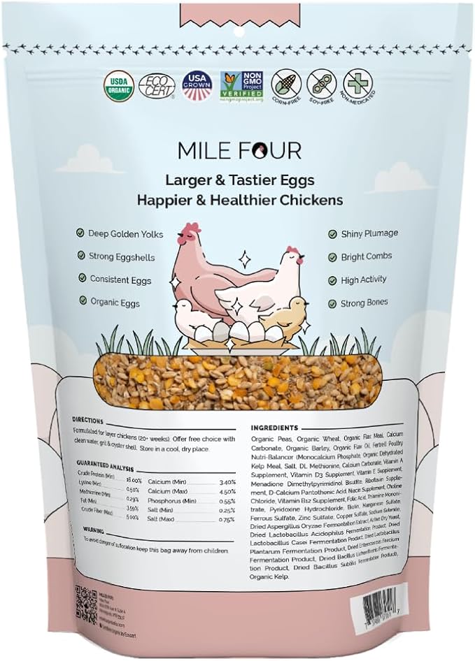 Mile Four Organic Chicken Feed – Layer Whole Grain, Non-GMO, USA Grown, 16% Protein, Corn-Free, Soy-Free, Non-Medicated Feed for Chickens, 2 lb Sample