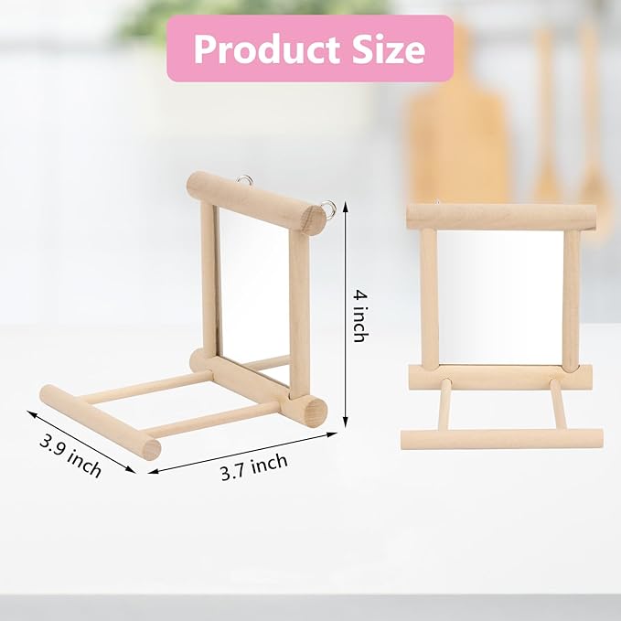 Wontee Bird Mirror Bird Toys for Budgies Parakeets Cockatiels Lovebirds Conures (2pcs-Wood Color)