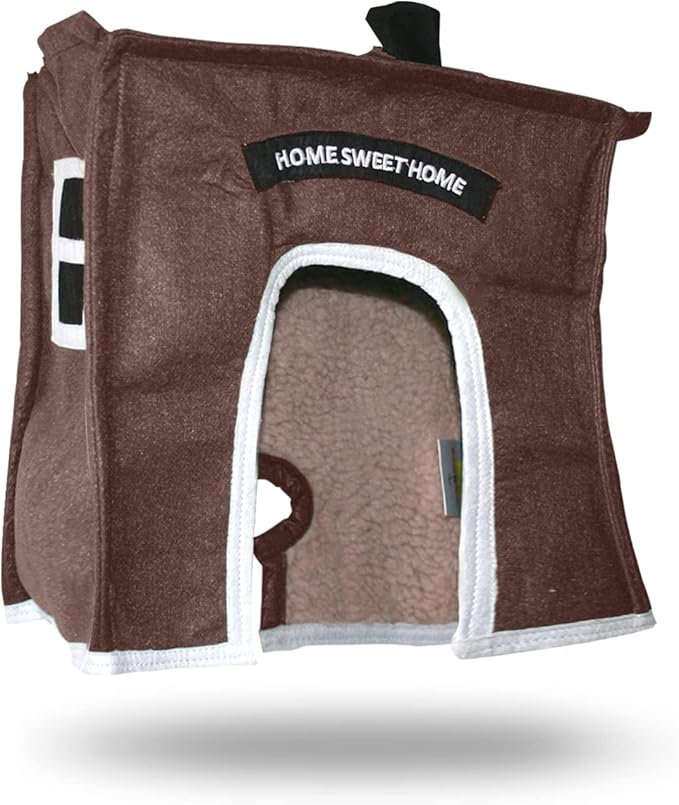 Crazy K Farm- Avian Haven Bird Hut, Comfy Bird Snuggle Hut, Plush Pet Bird Hut for Sleeping and Snuggling, Hanging Bird Cage Hut with Sherpa, Cozy Bird Cage Accessories Extra Small, Brown