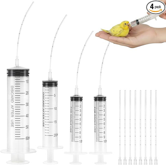 Baby Bird Feeding Syringes, Parrot Hand Syringe Feeder with Soft Tubes, Syringes with 5.94” Tube for Cat Dog Small Animals, Plastic Syringe for Milk Water Liquid Food, Reusable(10ml+10ml+20ml+60ml)