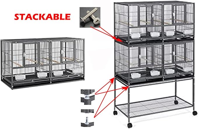 Sturdy Wrought Iron Triple Stack Combo Breeding Stacker Center Divided Breeder Bird Flight Double Rolling Cage with Side Breeding Nest Doors with Rolling Stand Storage Shelf