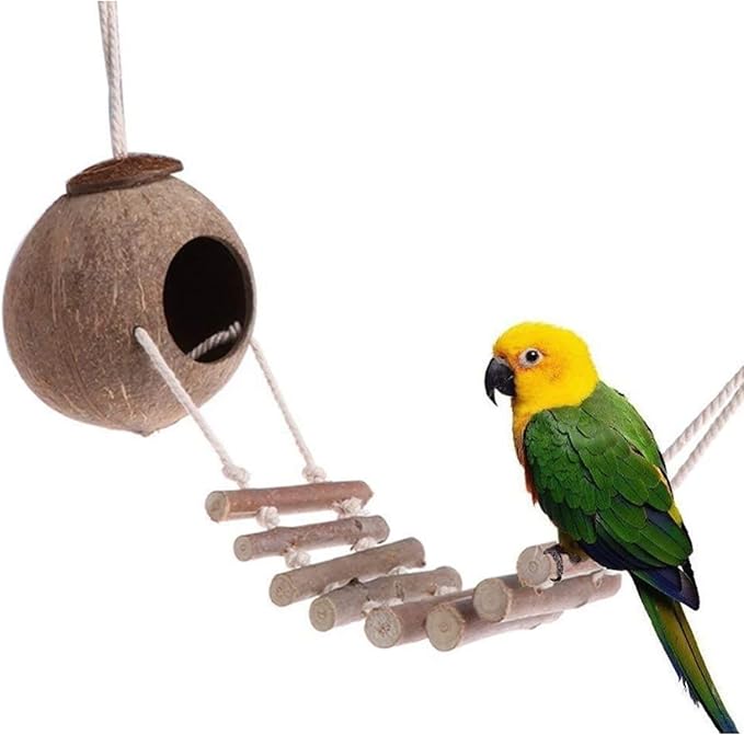 Ladder Nest, Natural Coconut Bird House, Natural Coconut Fiber Shell Bird Nest for Parrot Parakeet Lovebird Finch Canary