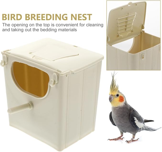 Mikikit Bird Breeding Box Plastic Nest with Hinged Lid for Cockatiels Parakeets and Lovebirds Cage Mounted Breeding Resting Box 5.11X5.11X3.93 Inches
