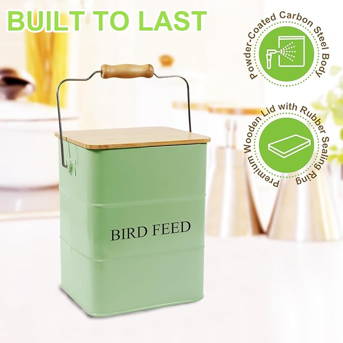 Metal Bird Seeds storage container,Outdoor Bird Container Canister, Pet Food Bin with Wooden Lid/Handle/Food scoop,hold 5-6 Lbs of Wild Bird Seed Sunflower Seed-Preventing Squirrels-Green