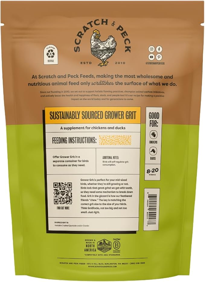 Scratch and Peck Grower Grit Supplement for Chickens and Ducks - 7 lbs Bag - Essential for Gizzard and Digestive Health - Sustainably Sourced