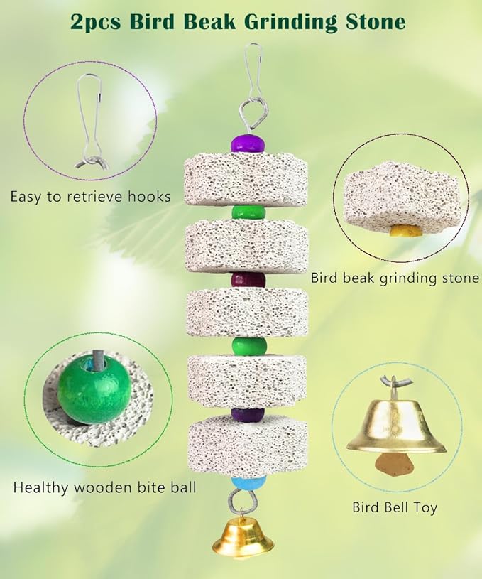 2Pcs Parrot Chewing Toy, Bird Beak Grinding Stone Toys with Bell, Lava Block Calcium Supplement Food for African Greys Amazon Conure Eclectus Budgies Parakeet Cockatiel Hamster Chinchilla